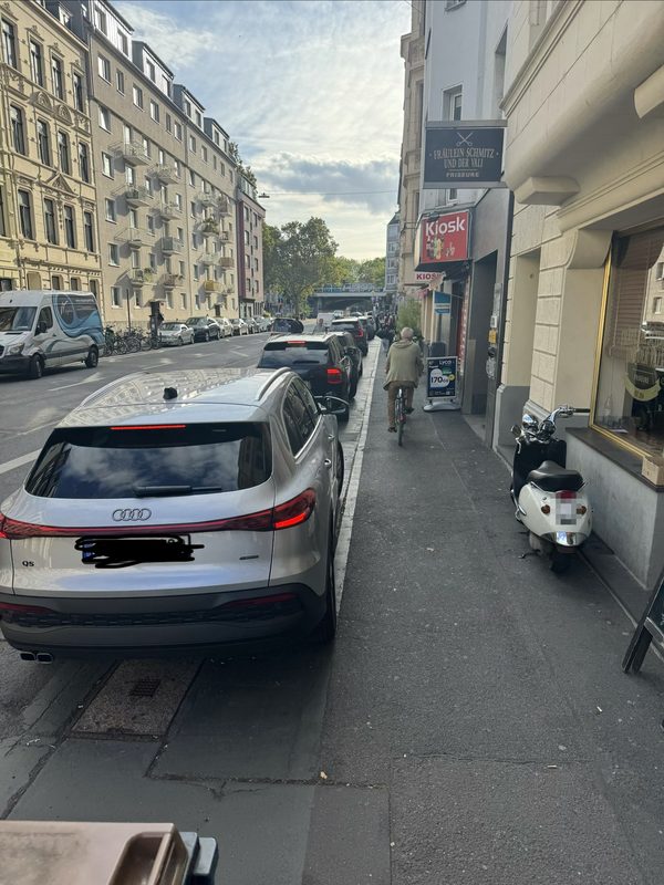 Derselbe Abschnitt ohne Kunstrasen: Eine Reihe Autos parkt auf dem Gehweg. Daneben bleibt ein schmaler Streifen, auf dem ein Radfahrer fährt.